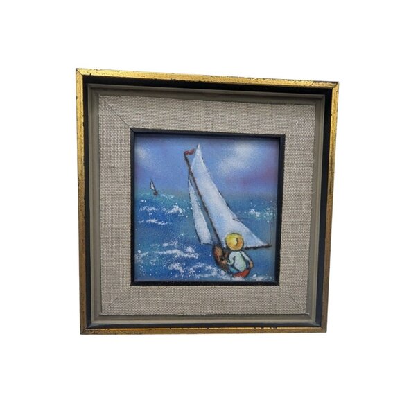 Vintage Framed Nautical Sailboat Painting on Tile by Ann Berthia - Picture 2 of 8